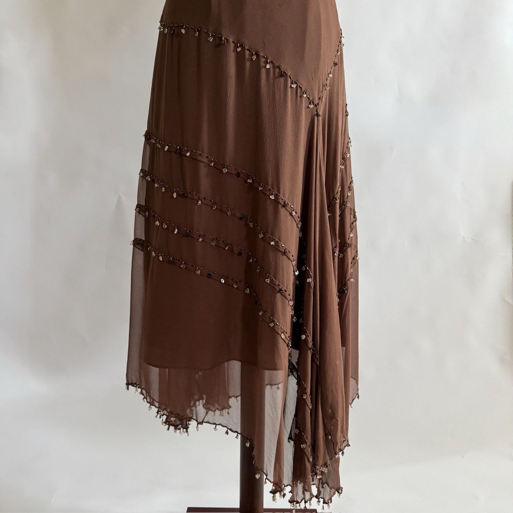 Vintage 90s Y2k Silk‎ Brown Beaded Dress 10 Gown Asymmetric Forest Fairy Sheer